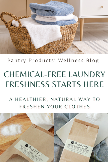 Natural laundry essentials including non-toxic laundry powder, scent booster, organic wool dryer balls, and essential oils from Pantry Products.