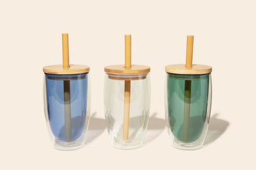 Double-Walled Glass Tumbler With Bamboo Straw + Lid, 12 oz.