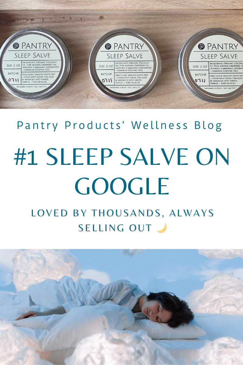  Pantry Products Sleep Salve tins displayed with branding alongside a promotional graphic highlighting its #1 Google ranking, customer popularity, and reputation for selling out, with an image of a woman peacefully sleeping under fluffy white clouds.