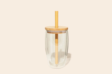 Double-Walled Glass Tumbler With Bamboo Straw + Lid, 12 oz.